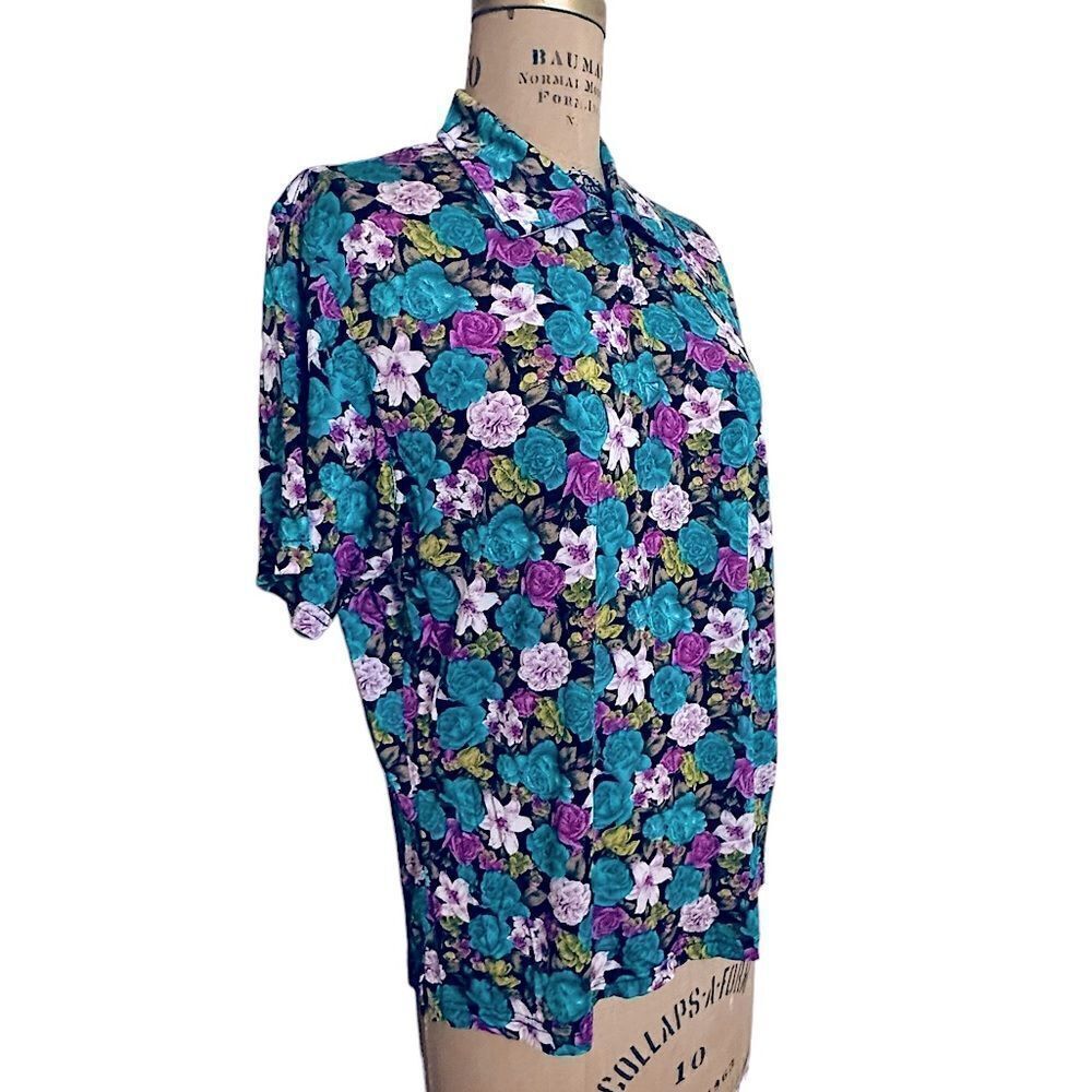Vintage Bobby Chan Purple and Turquoise Floral Silk Blend Polo Shirt Size XL